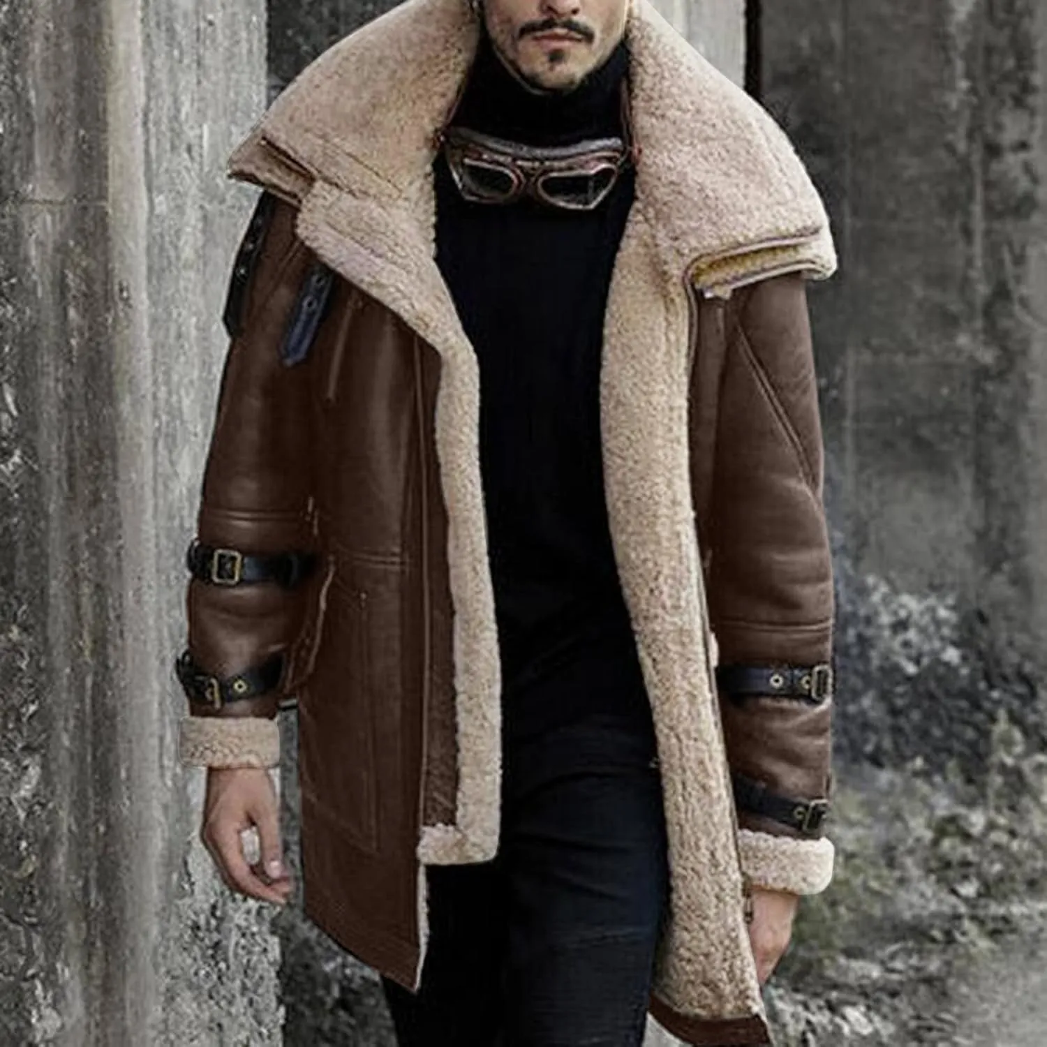 QWENTMTNTY Mens Leather Jacket Mid Length Sherpa Shearling Faux Leather Fur Coat Warm Winter Pu Leather Jacket Duster Coat