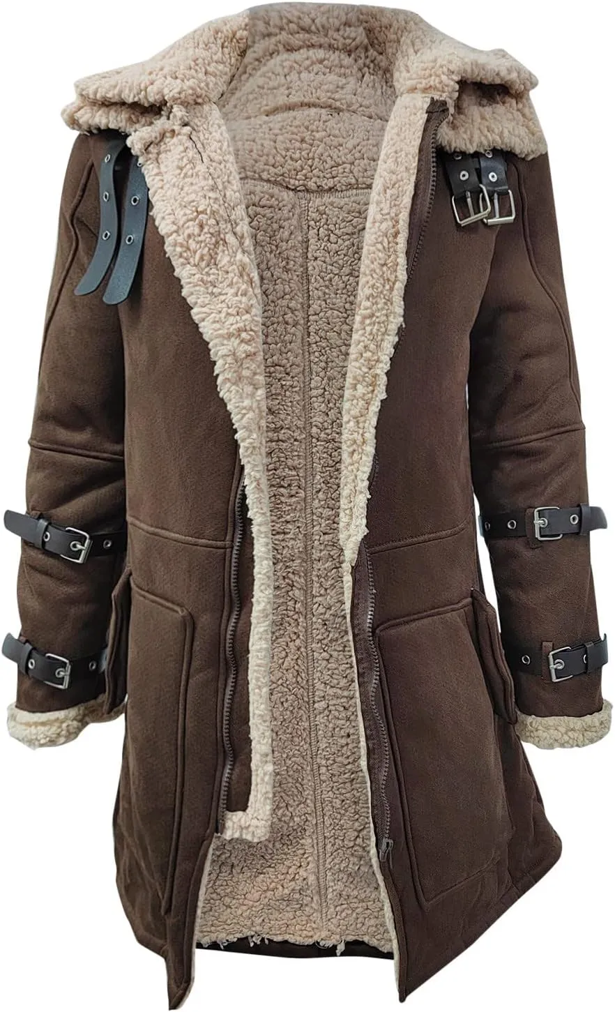 QWENTMTNTY Mens Leather Jacket Mid Length Sherpa Shearling Faux Leather Fur Coat Warm Winter Pu Leather Jacket Duster Coat
