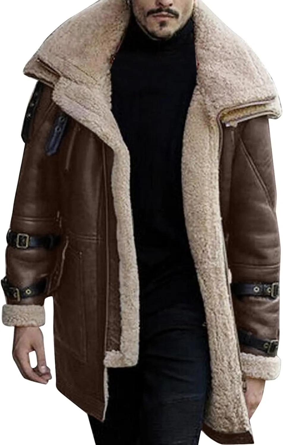 QWENTMTNTY Mens Leather Jacket Mid Length Sherpa Shearling Faux Leather Fur Coat Warm Winter Pu Leather Jacket Duster Coat