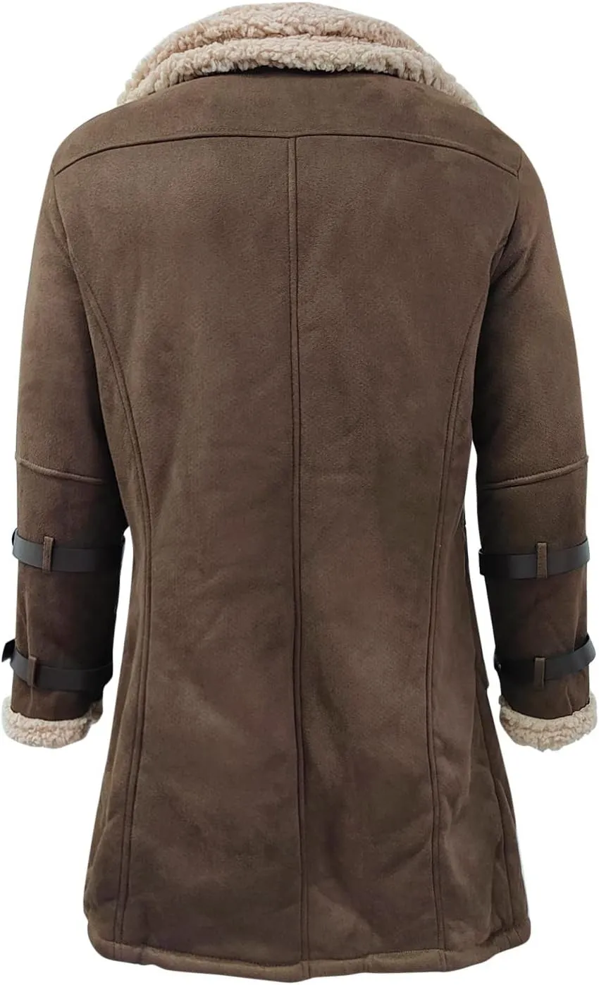 QWENTMTNTY Mens Leather Jacket Mid Length Sherpa Shearling Faux Leather Fur Coat Warm Winter Pu Leather Jacket Duster Coat