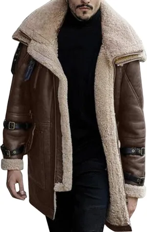 QWENTMTNTY Mens Leather Jacket Mid Length Sherpa Shearling Faux Leather Fur Coat Warm Winter Pu Leather Jacket Duster Coat