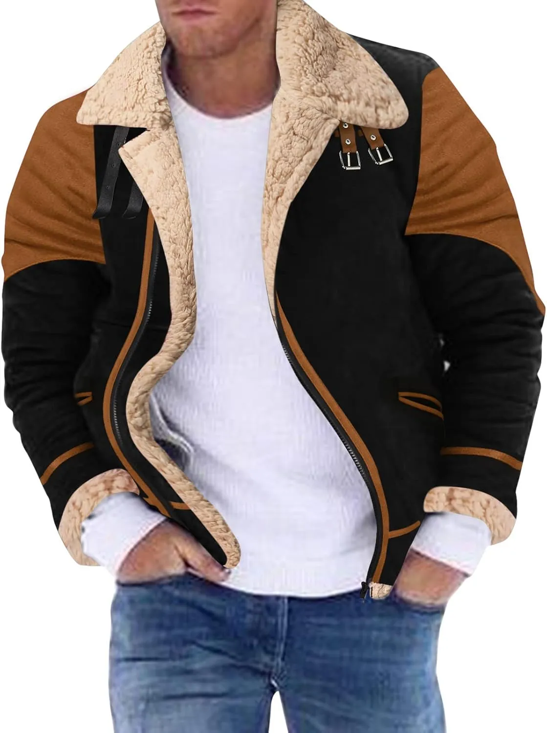 QWENTMTNTY Sherpa Jacket Men Long Big and Tall Chaqueta Cuero Hombre Military Jackets for Men Mens Black Coat White Bomber Jacket Men