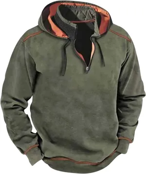 Retro Style Windproof Hooded Sweatshirt, Outdoor Quarter Zip Tactical Jacket Coat, Winter Vintage Sweaters for Men