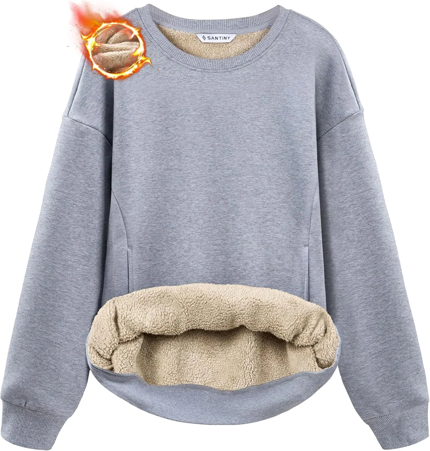 SANTINY Women's Fleece Sherpa Lined Sweatshirt Warm Winter Pullover Sweaters Cozy Thick Crewneck Sweatshirts with Pockets