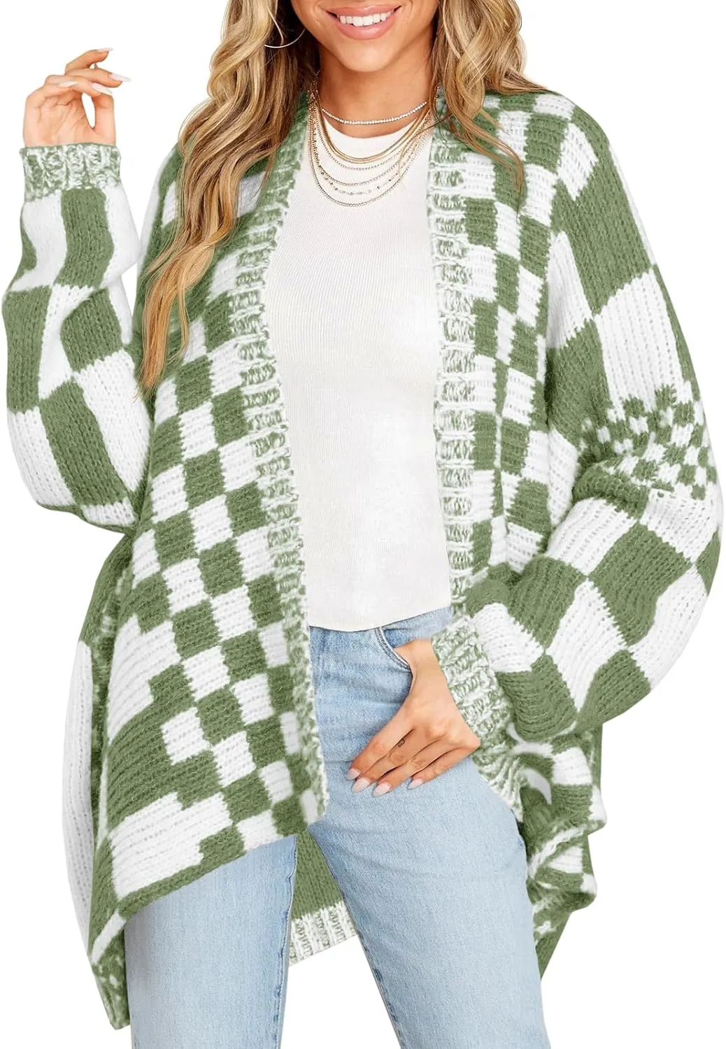 Saodimallsu Womens Checkered Sweater Color Block Plaid Cardigans Oversized Long Sleeve Knit Open Front Coats