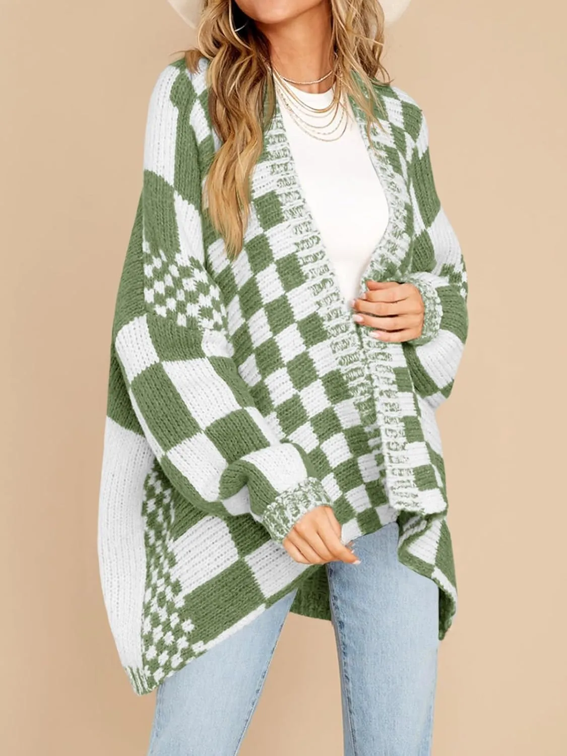 Saodimallsu Womens Checkered Sweater Color Block Plaid Cardigans Oversized Long Sleeve Knit Open Front Coats