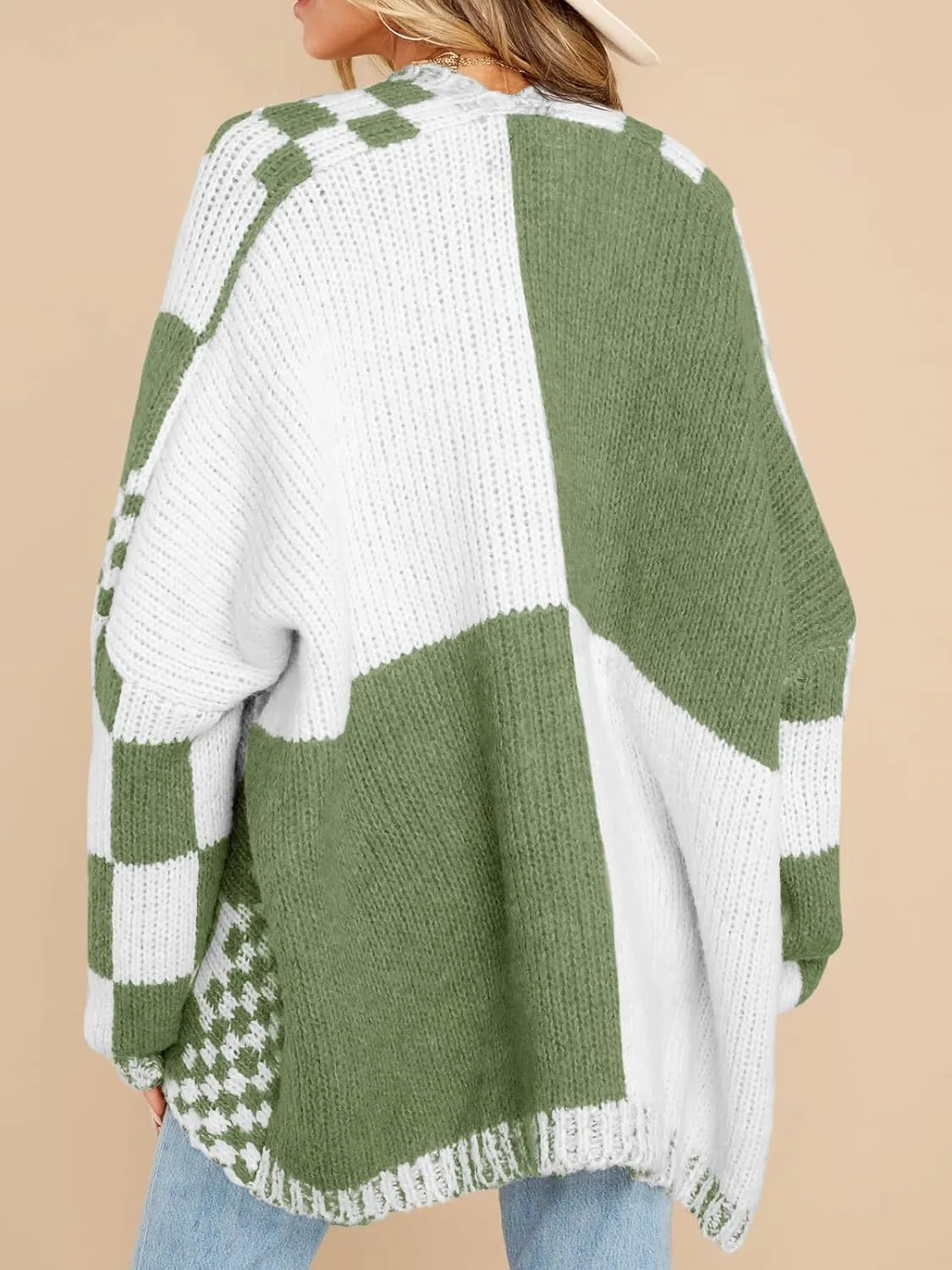 Saodimallsu Womens Checkered Sweater Color Block Plaid Cardigans Oversized Long Sleeve Knit Open Front Coats
