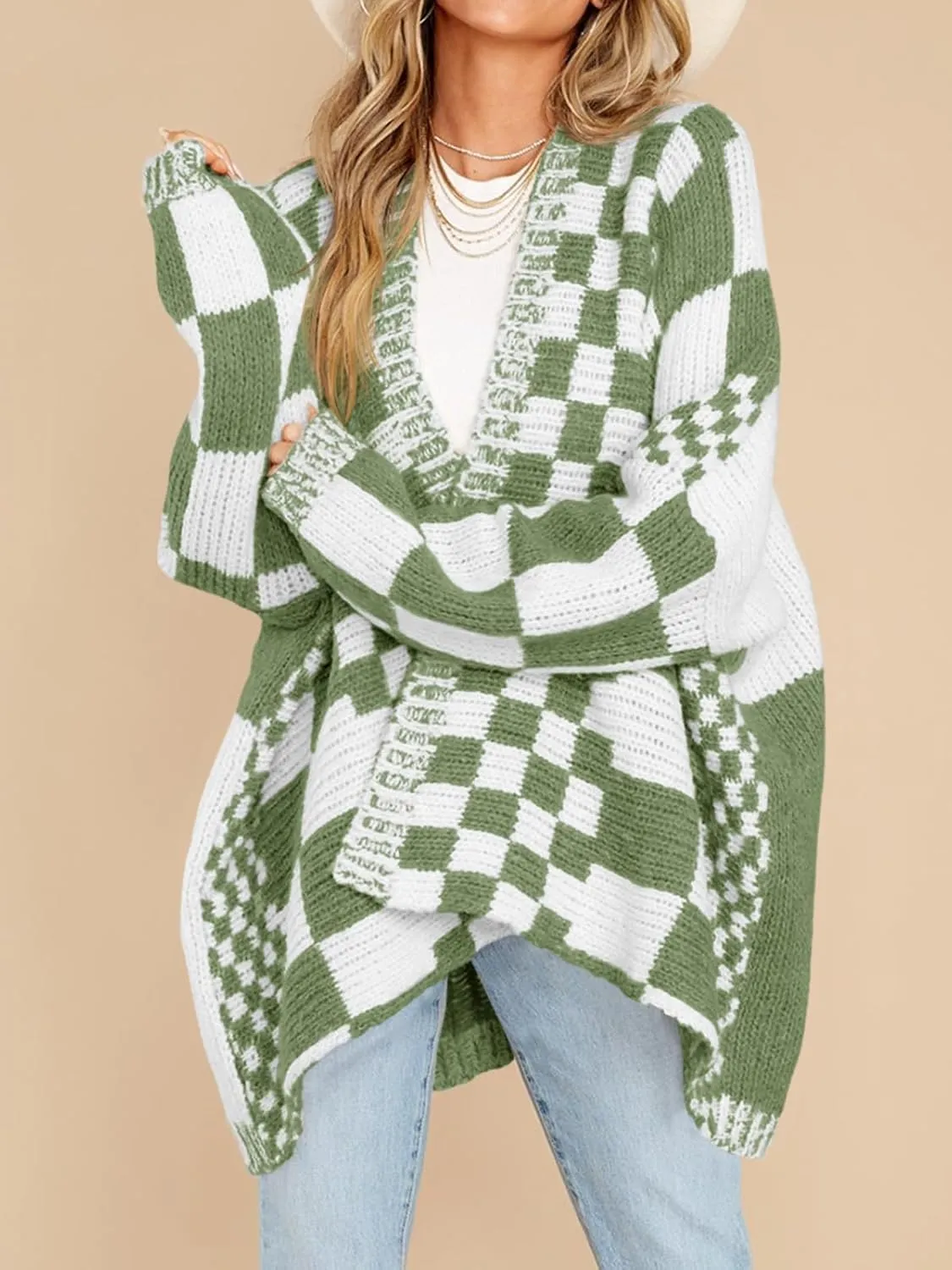 Saodimallsu Womens Checkered Sweater Color Block Plaid Cardigans Oversized Long Sleeve Knit Open Front Coats