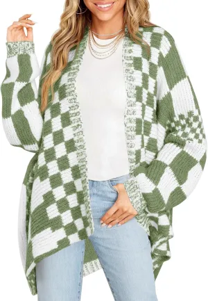Saodimallsu Womens Checkered Sweater Color Block Plaid Cardigans Oversized Long Sleeve Knit Open Front Coats