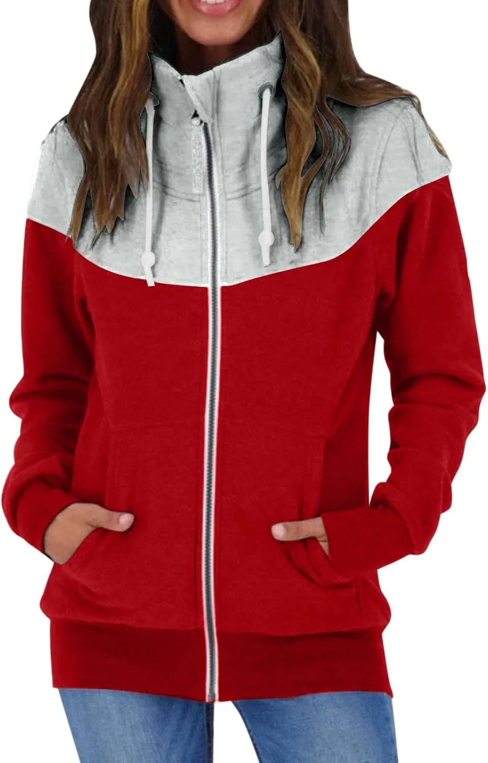 SHAOBGE Zip Sweatshirts for Women Womens Casual Solid Contrast Long Sleeve Zipper Coat Pocket Fleece Hoodie Women Zip up