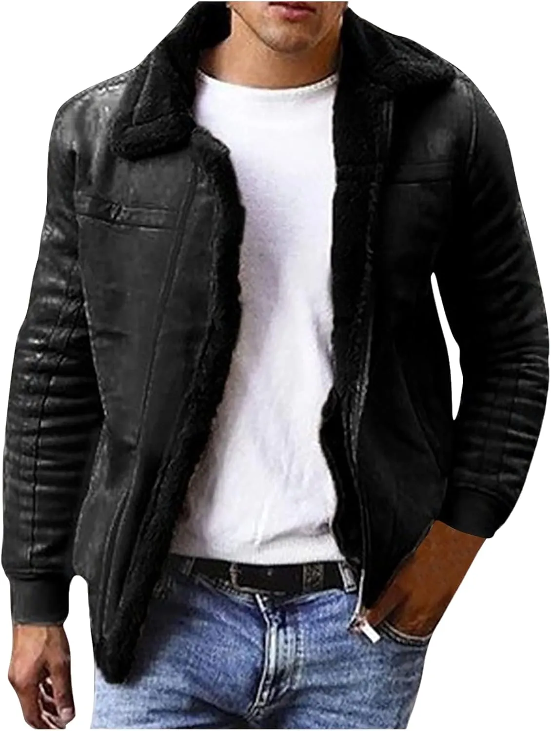 Sherpa Lined Jacket Men Faux Fur Zip Up Jacket Fleece Winter Coat Thick Bomber Jackets Thermal Warm Tops Outerwears