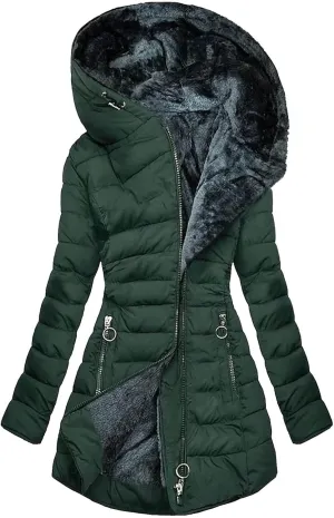Sherpa Lined Jacket Women with Hood Winter Long Puffer Coat Thicken Quilted down Jacket Faux Fur Parka with Pockets
