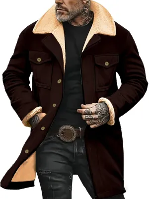 Sherpa Lined Leather Jacket for Men Plush Reversed Collar Outdoor Jacket Suede Long Trench Coats Western Cowboy Jacket