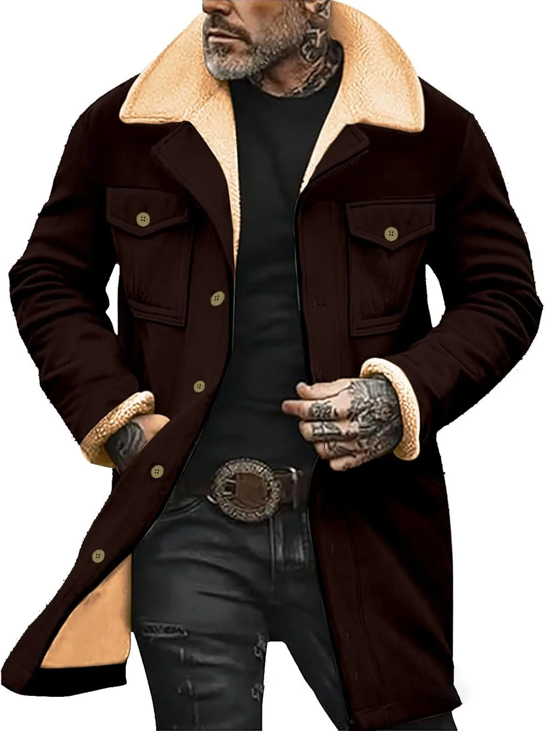 Sherpa Lined Leather Jacket for Men Plush Reversed Collar Outdoor Jacket Suede Long Trench Coats Western Cowboy Jacket