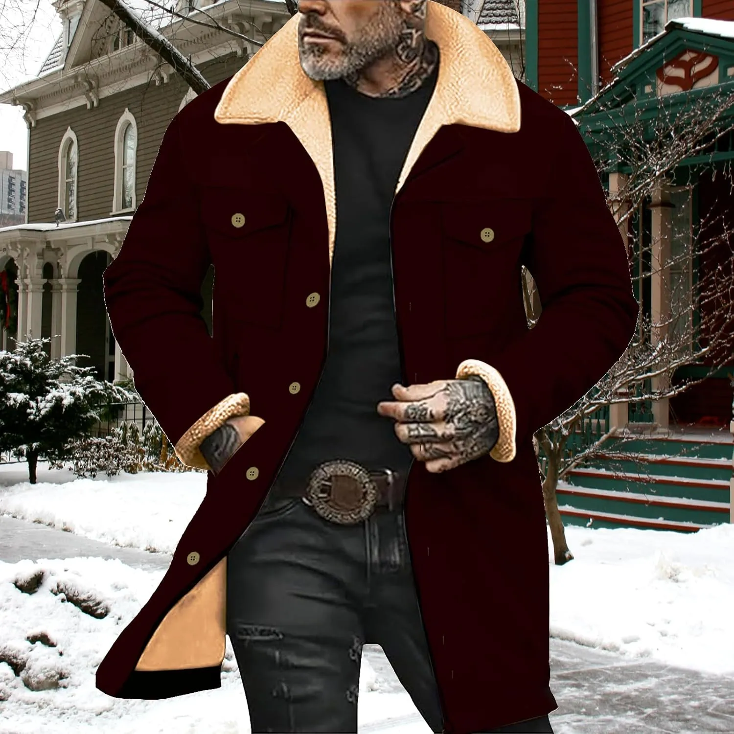 Sherpa Lined Leather Jacket for Men Plush Reversed Collar Outdoor Jacket Suede Long Trench Coats Western Cowboy Jacket