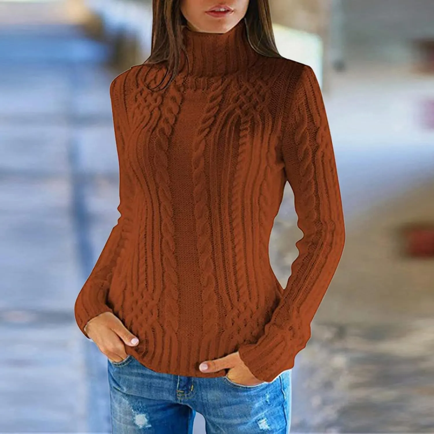 Slouchy Sweaters for Women Regular Turtleneck Long Sleeved Knitted Sweater Soft Oversized Sweaters for Women