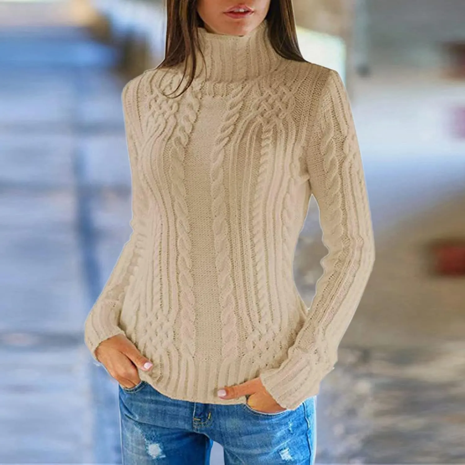 Slouchy Sweaters for Women Regular Turtleneck Long Sleeved Knitted Sweater Soft Oversized Sweaters for Women