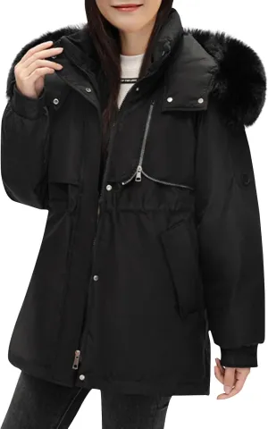 Snow Jackets for Women Winter Thermal Puffer Jacket Slim Fit Thickened Down Jackets Fuzzy Hooded Soild Parka Coats