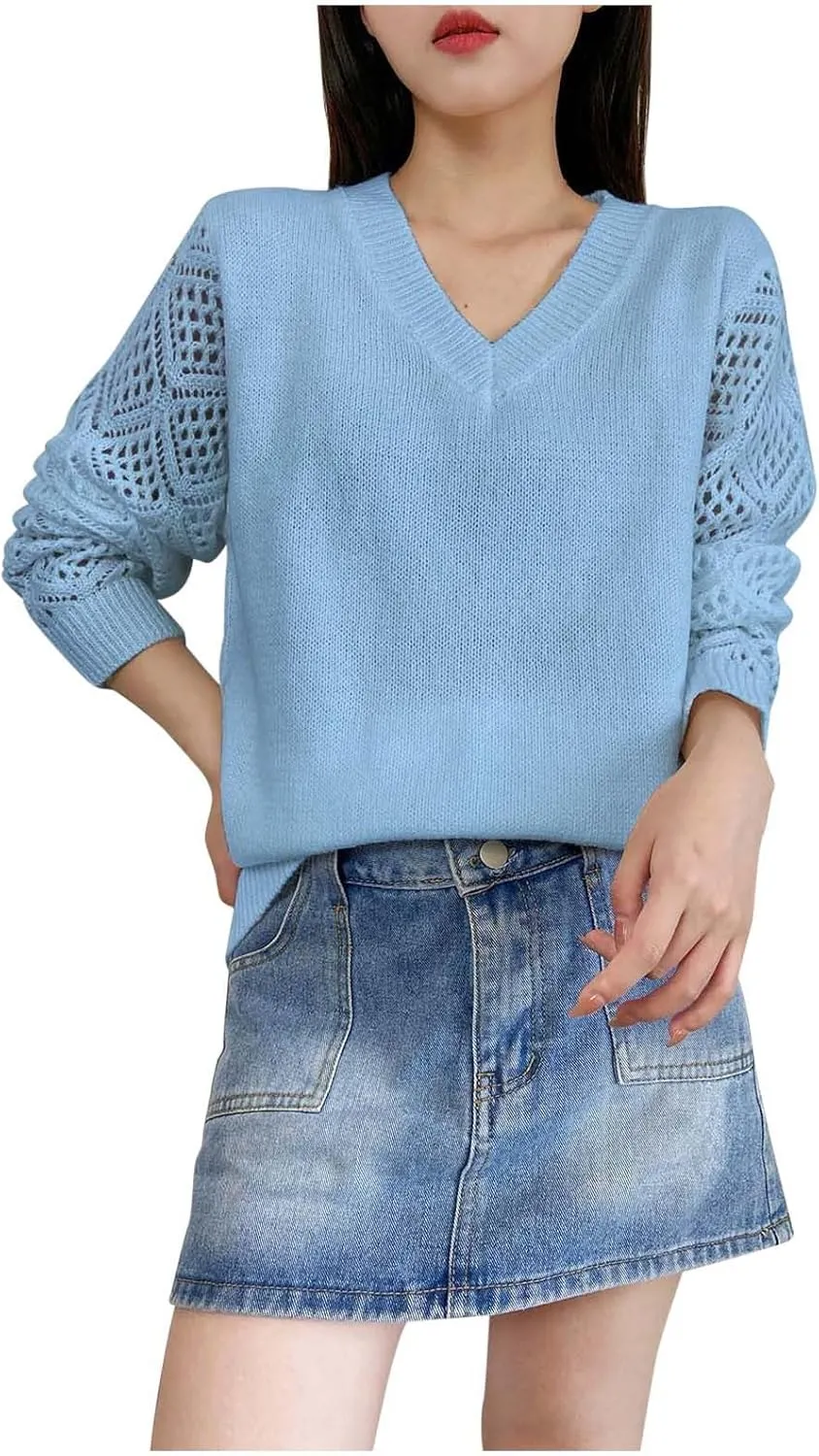 Sweater for Women Cable Knit Solid Color V Neck Long Sleeve Casual Soft Loose Fit Sweaters Tops
