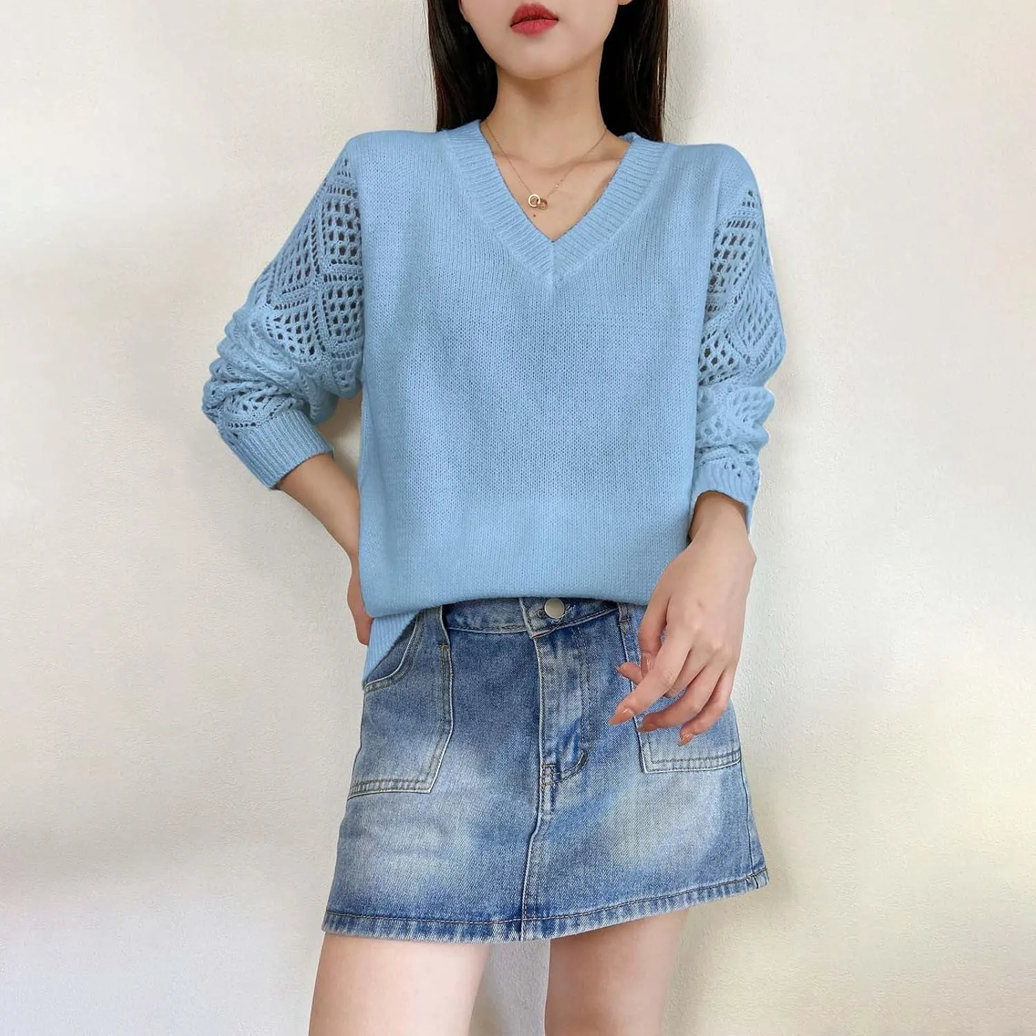 Sweater for Women Cable Knit Solid Color V Neck Long Sleeve Casual Soft Loose Fit Sweaters Tops