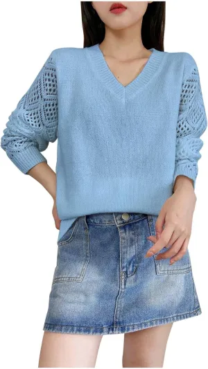 Sweater for Women Cable Knit Solid Color V Neck Long Sleeve Casual Soft Loose Fit Sweaters Tops