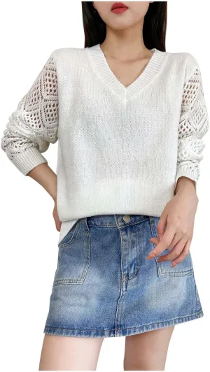 Sweater for Women Cable Knit Solid Color V Neck Long Sleeve Casual Soft Loose Fit Sweaters Tops