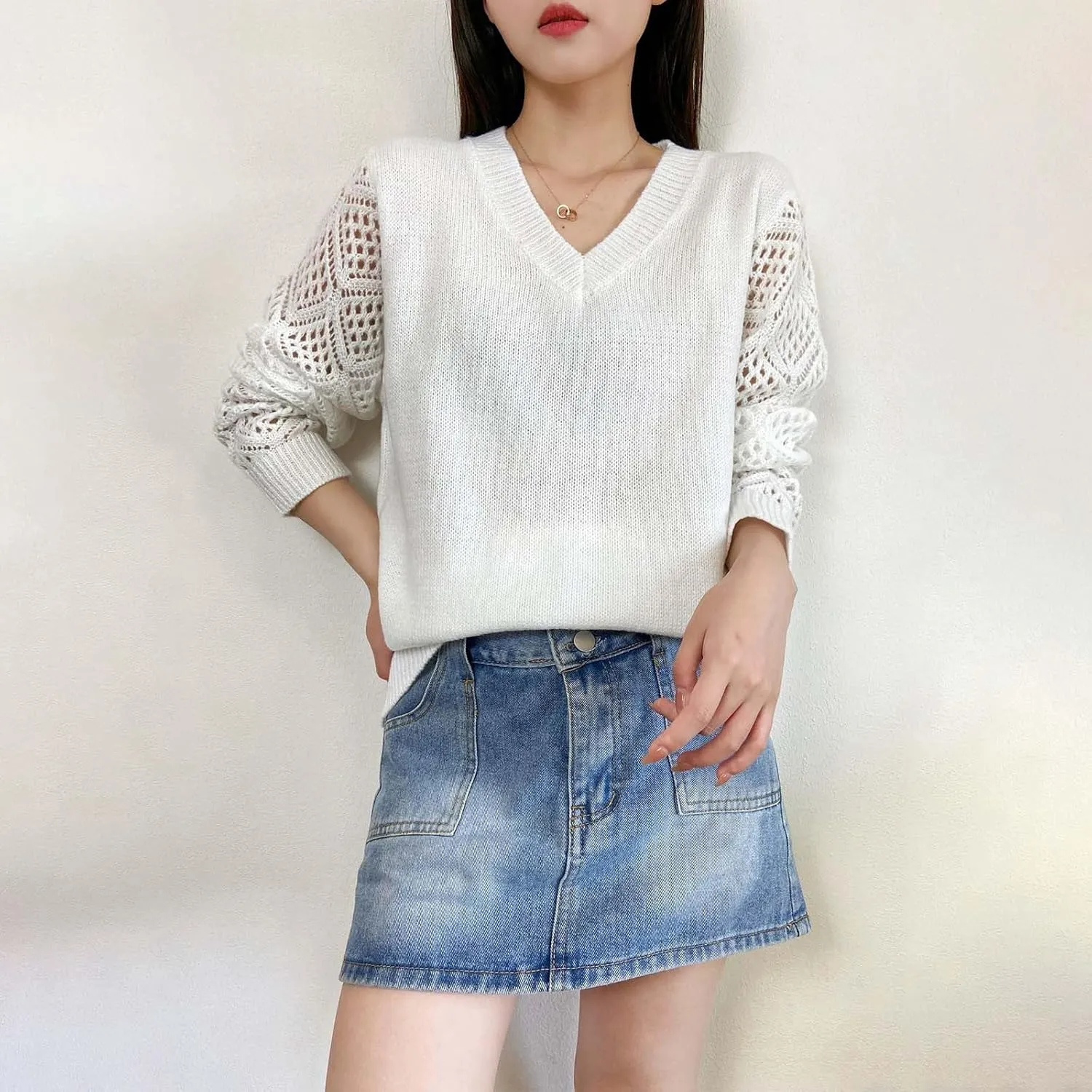Sweater for Women Cable Knit Solid Color V Neck Long Sleeve Casual Soft Loose Fit Sweaters Tops