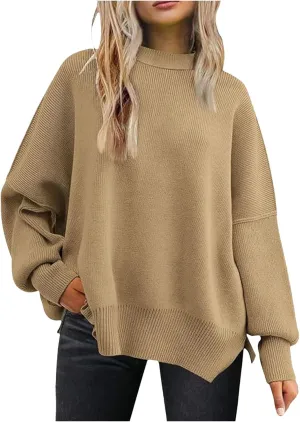 Sweaters for Women Side Slit Trendy Long Sleeve Half Turtleneck Pullover Oversized Lantern Knit Sweater Tops