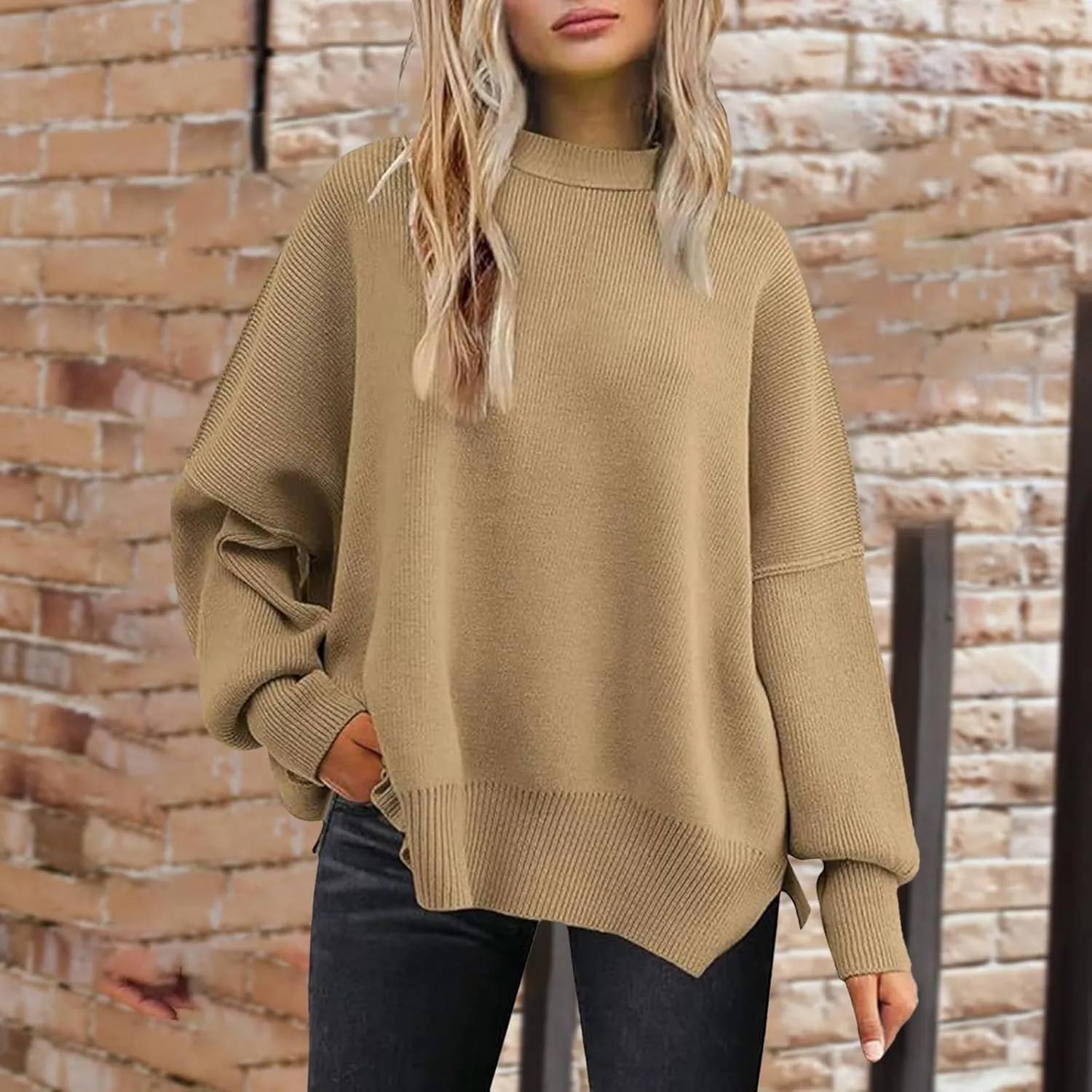 Sweaters for Women Side Slit Trendy Long Sleeve Half Turtleneck Pullover Oversized Lantern Knit Sweater Tops