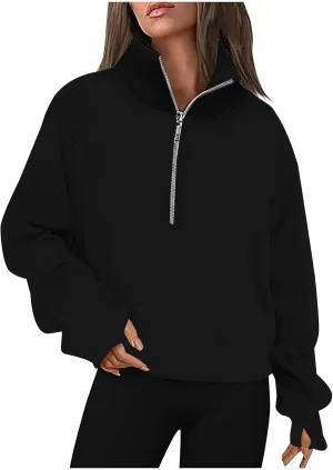 Sweatshirt For Women Half Zip Cropped Pullover With Thumb Hole Fleece Quarter Zipper Hoodies Oversized Sweatshirts