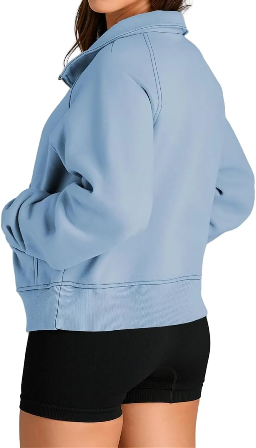 Sweatshirts for Women Half Zip Cropped Pullover Long Sleeve Stand Neck Tops Casual Fleece Sweatshirt Thumb Hole