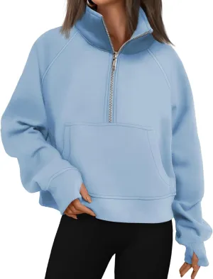 Sweatshirts for Women Half Zip Cropped Pullover Long Sleeve Stand Neck Tops Casual Fleece Sweatshirt Thumb Hole