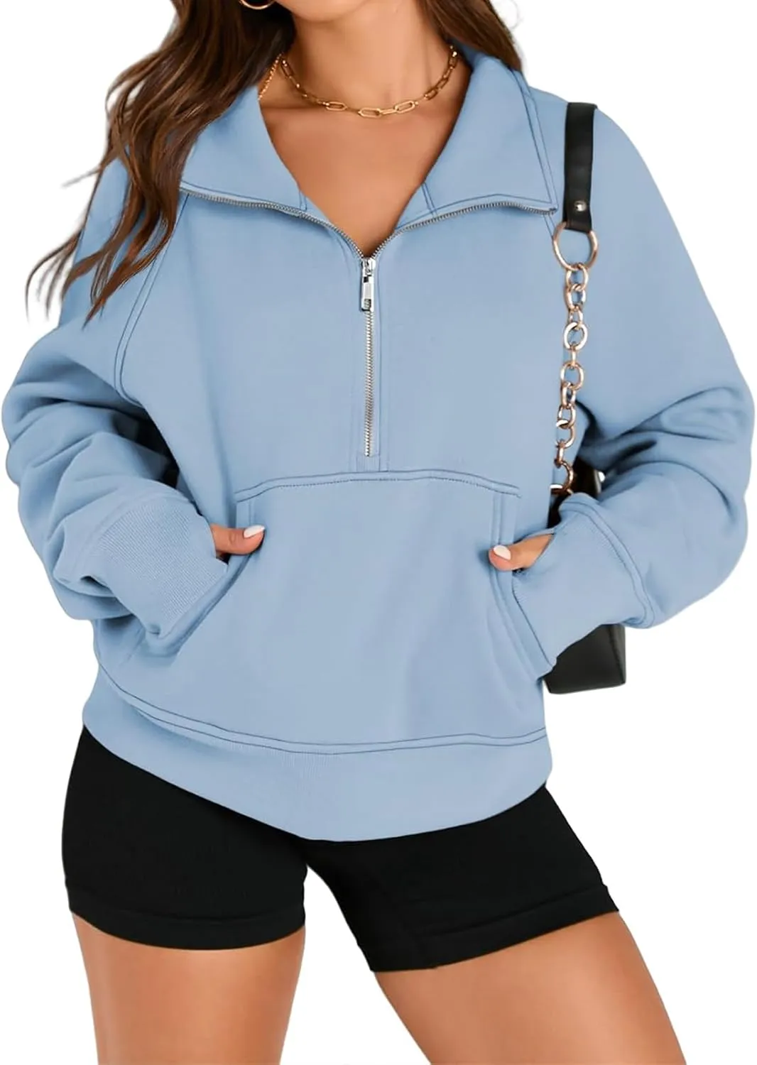 Sweatshirts for Women Half Zip Cropped Pullover Long Sleeve Stand Neck Tops Casual Fleece Sweatshirt Thumb Hole