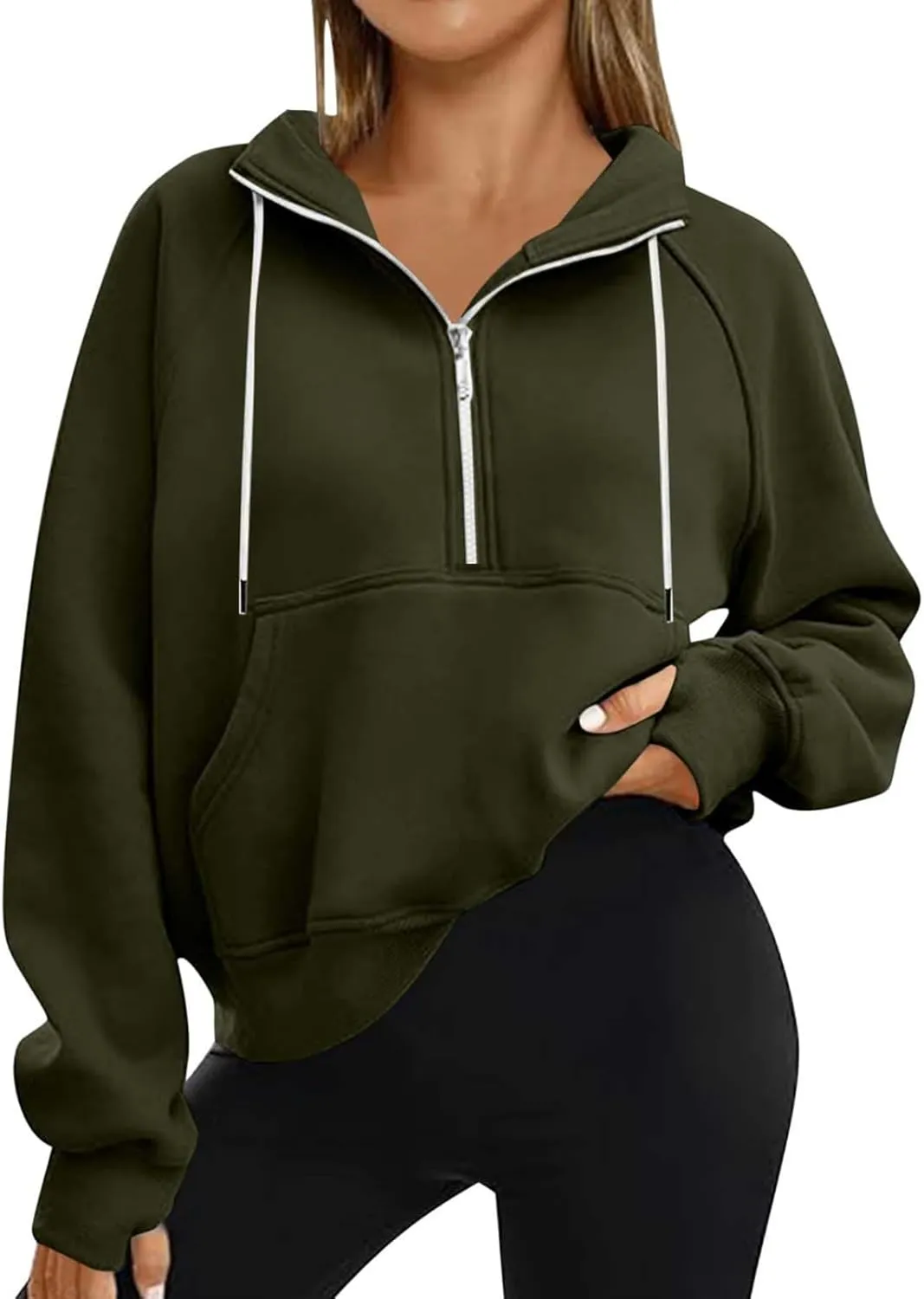 Sweatshirts for Women Half Zip Fleece Cropped Hooded Pullover Casual Loose Fashion Sweatshirts with Thumb Holes