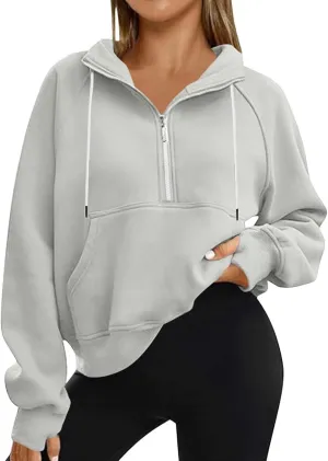 Sweatshirts for Women Half Zip Fleece Cropped Hooded Pullover Casual Loose Fashion Sweatshirts with Thumb Holes