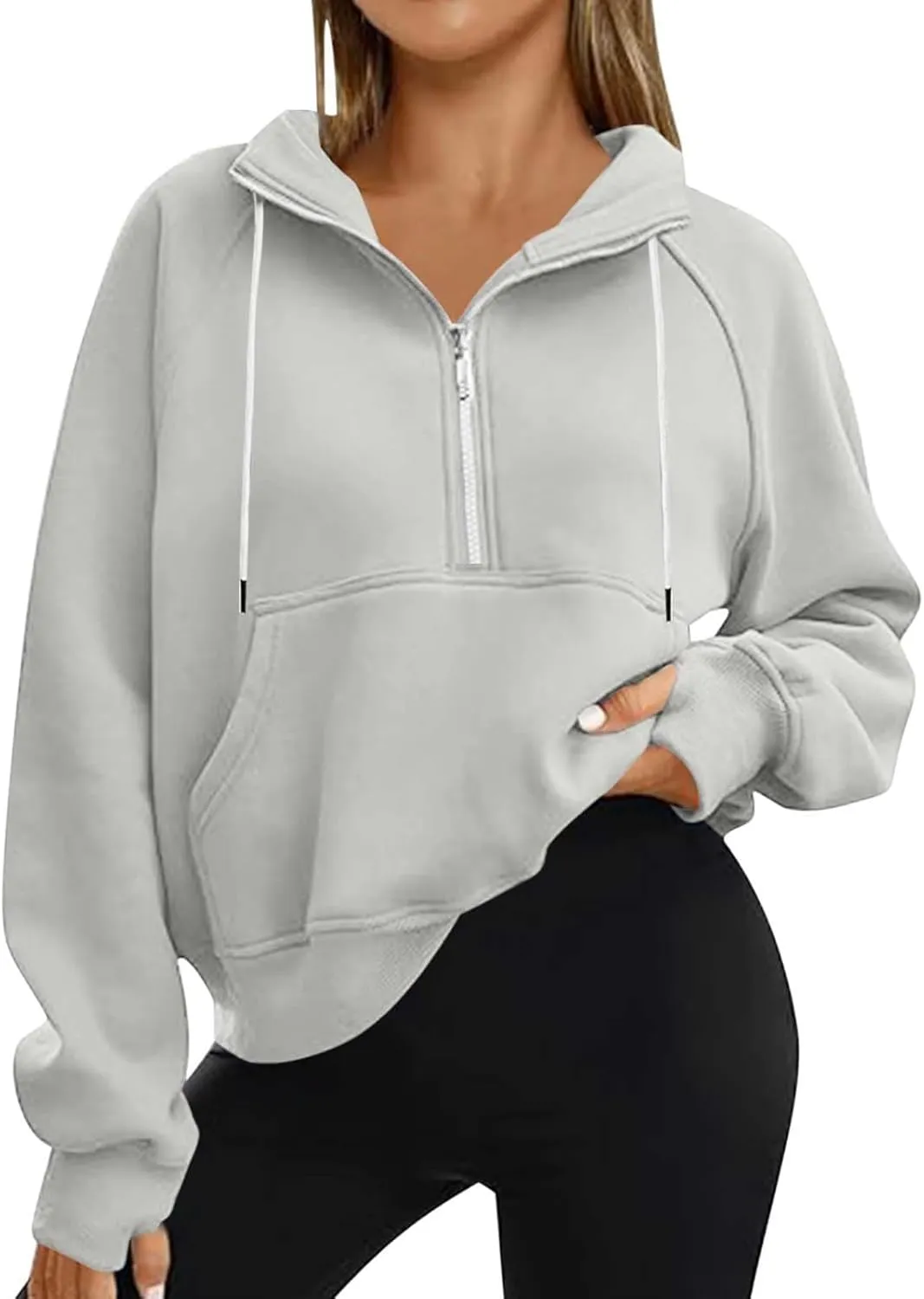 Sweatshirts for Women Half Zip Fleece Cropped Hooded Pullover Casual Loose Fashion Sweatshirts with Thumb Holes