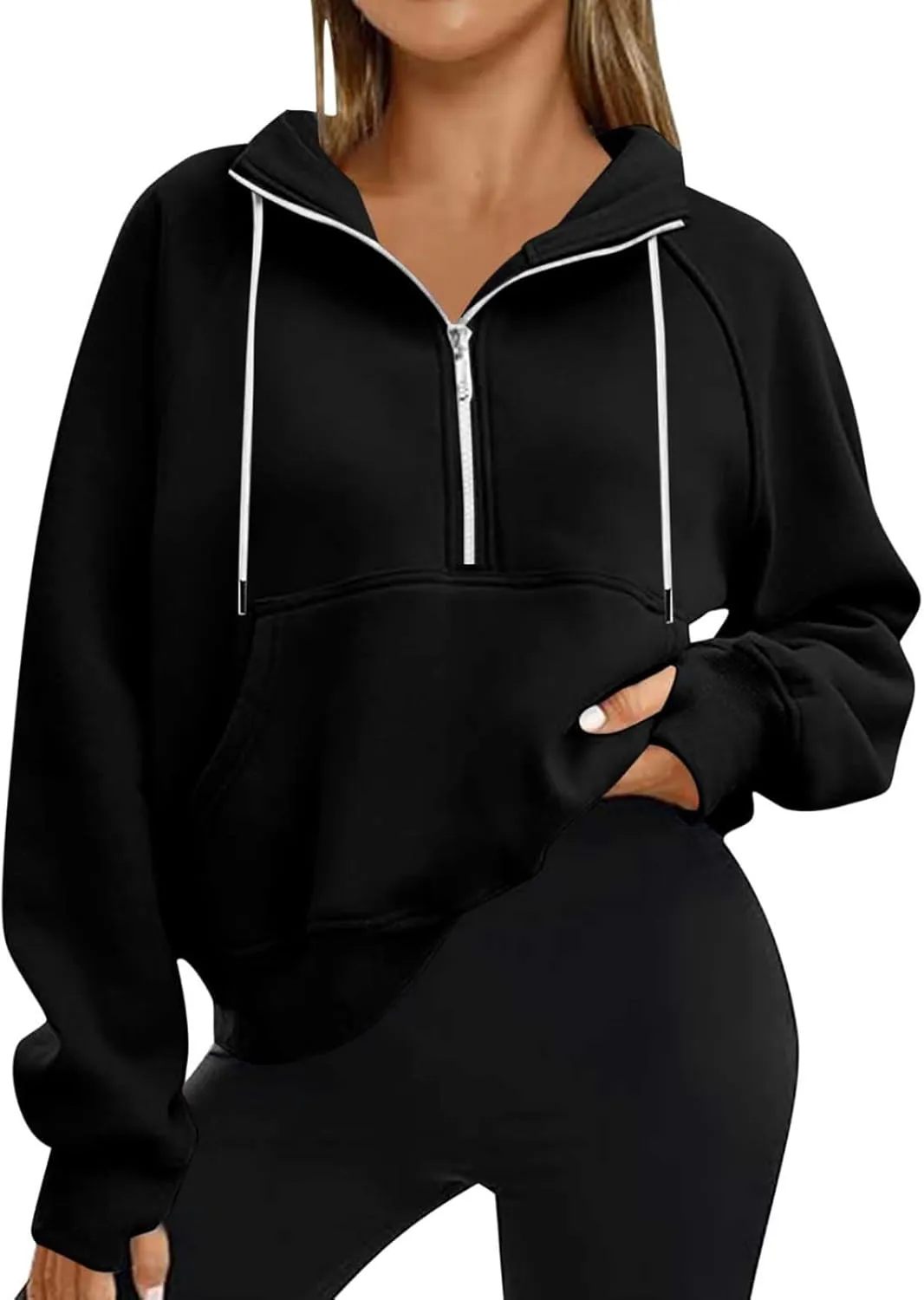 Sweatshirts for Women Half Zip Fleece Cropped Hooded Pullover Casual Loose Fashion Sweatshirts with Thumb Holes
