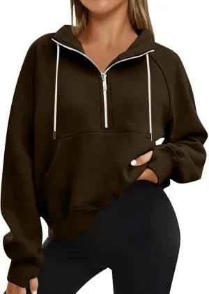 Sweatshirts for Women Half Zip Fleece Cropped Hooded Pullover Casual Loose Fashion Sweatshirts with Thumb Holes