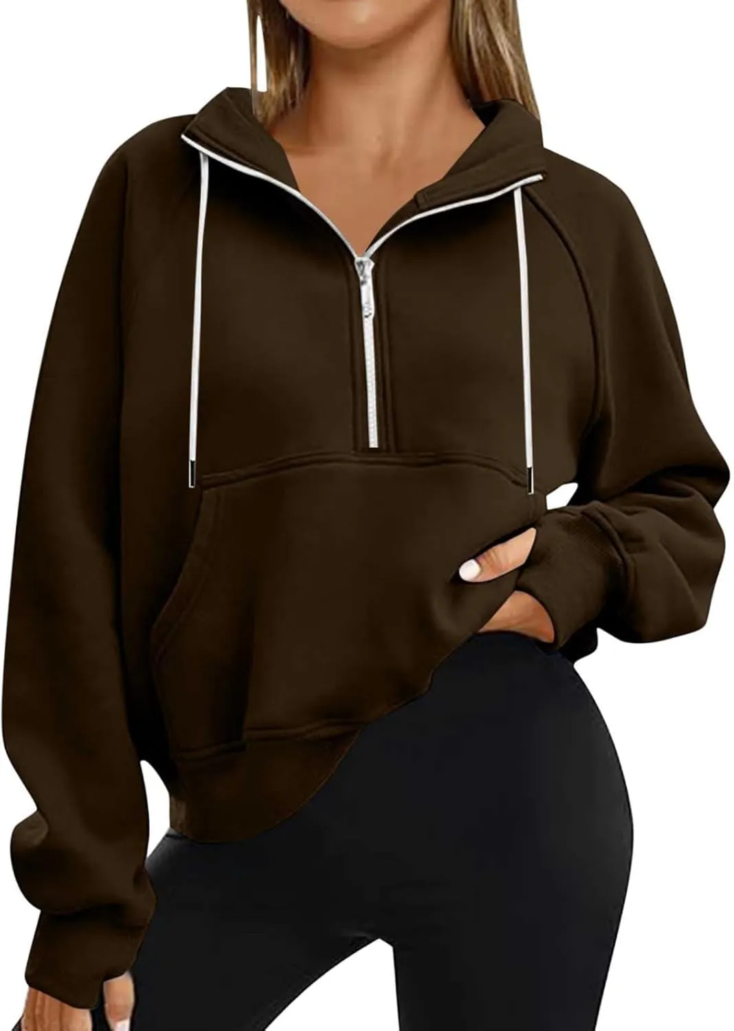 Sweatshirts for Women Half Zip Fleece Cropped Hooded Pullover Casual Loose Fashion Sweatshirts with Thumb Holes