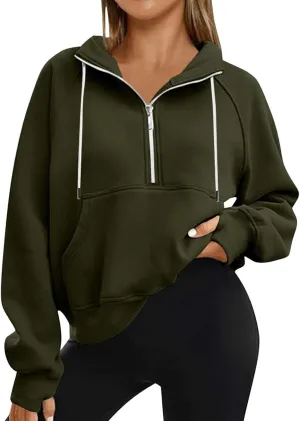 Sweatshirts for Women Half Zip Fleece Cropped Hooded Pullover Casual Loose Fashion Sweatshirts with Thumb Holes