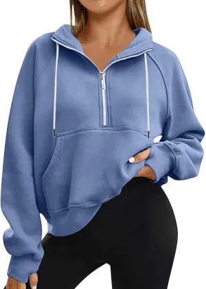 Sweatshirts for Women Half Zip Fleece Cropped Hooded Pullover Casual Loose Fashion Sweatshirts with Thumb Holes