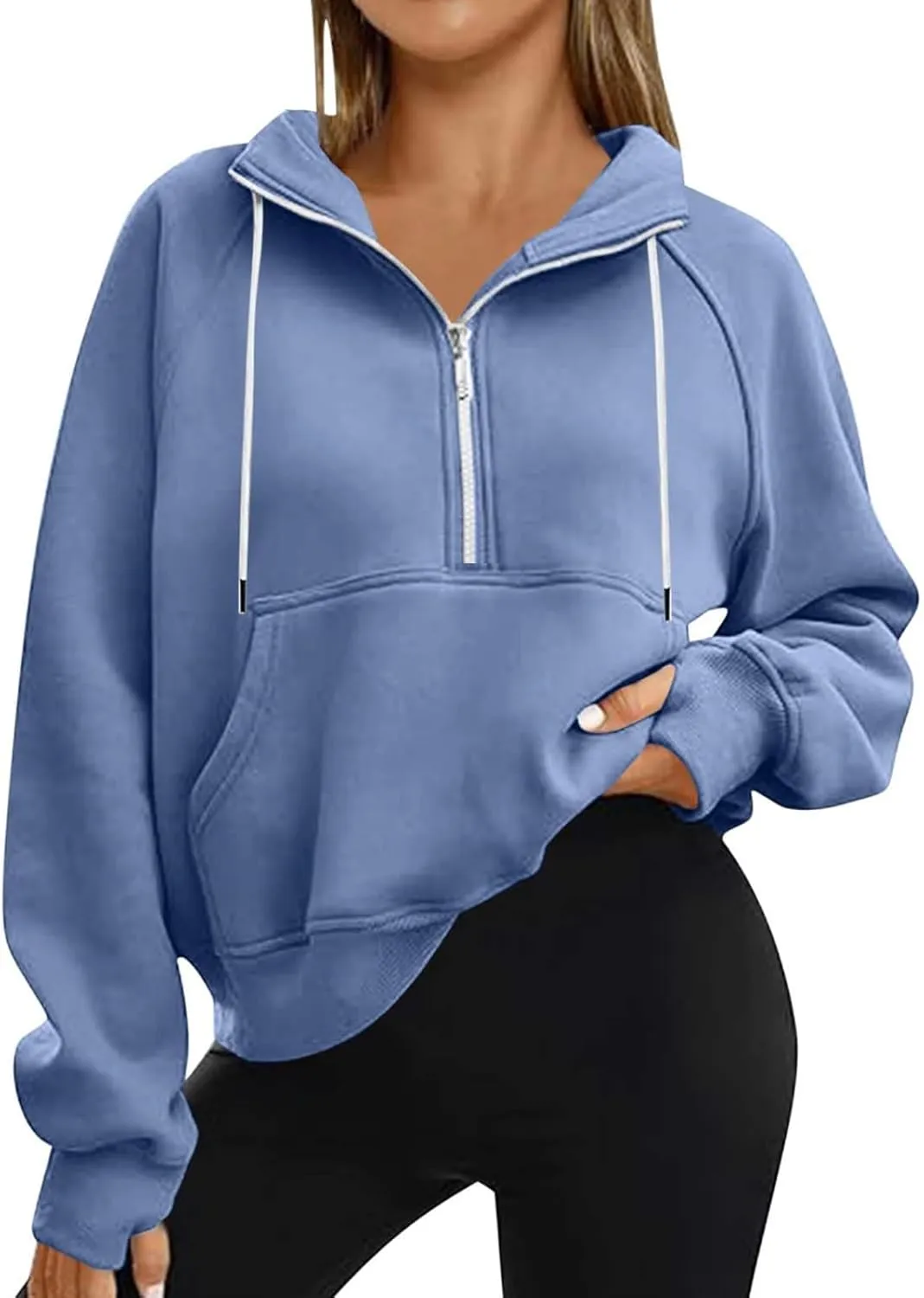 Sweatshirts for Women Half Zip Fleece Cropped Hooded Pullover Casual Loose Fashion Sweatshirts with Thumb Holes