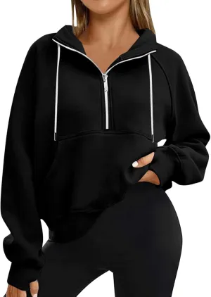 Sweatshirts for Women Half Zip Fleece Cropped Hooded Pullover Casual Loose Fashion Sweatshirts with Thumb Holes