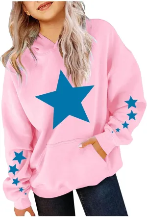 Teen Girl Cute Hoodies Kids Long Sleeve Star Graphic Oversized Sweatshirts Casual Comfy Pullover Athletic Tops