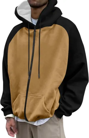 Thatrich Lightweight Hoodies for Men Oversized Hoodie Color Block Hooded Sweatshirts Full Zip Shirts with Pockets Fall Trendy