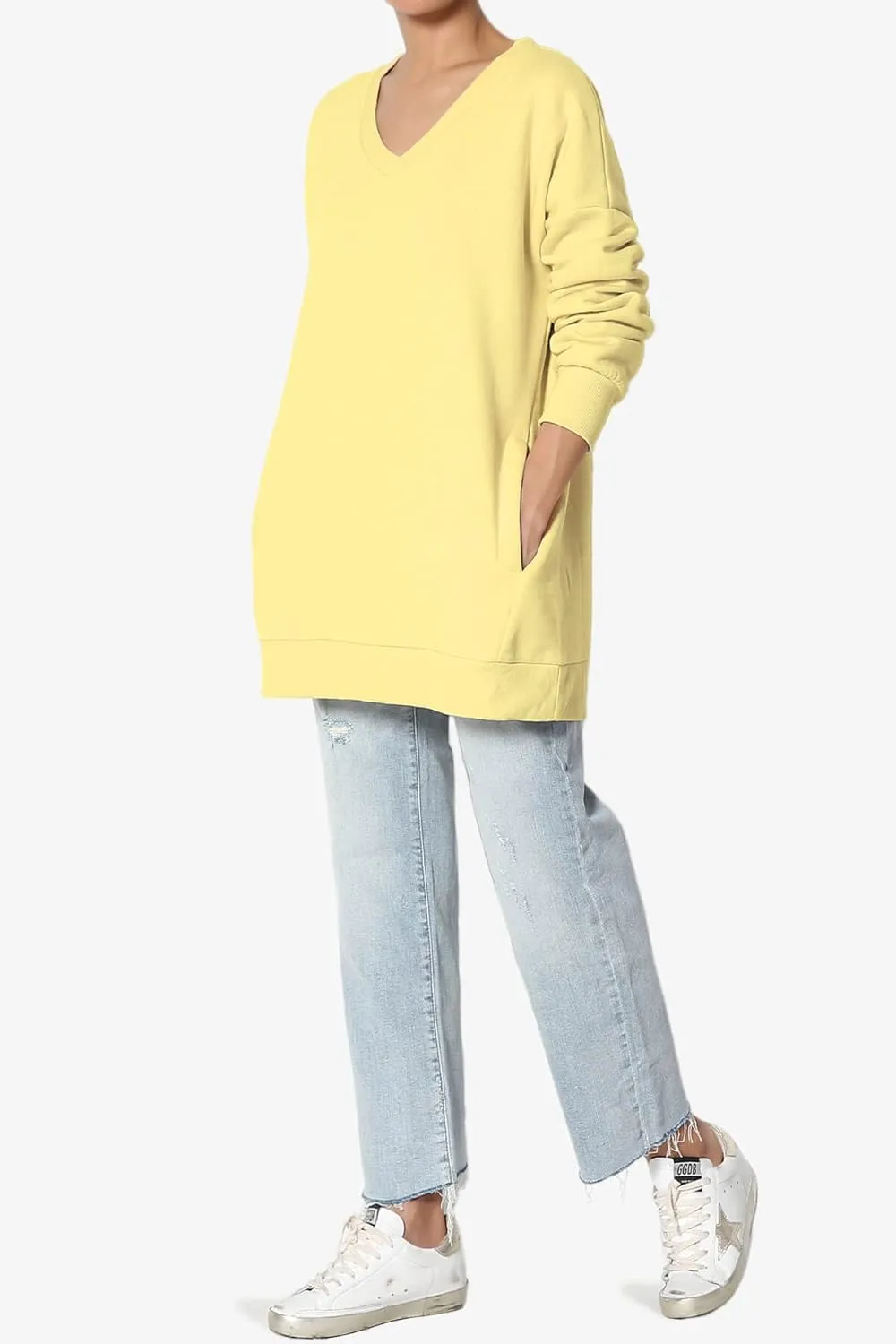 TheMogan Women's Casual Cozy Oversized V-Neck Pocket Fleece Pullover Sweatshirts