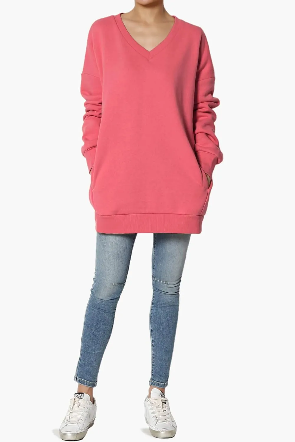 TheMogan Women's Casual Cozy Oversized V-Neck Pocket Fleece Pullover Sweatshirts