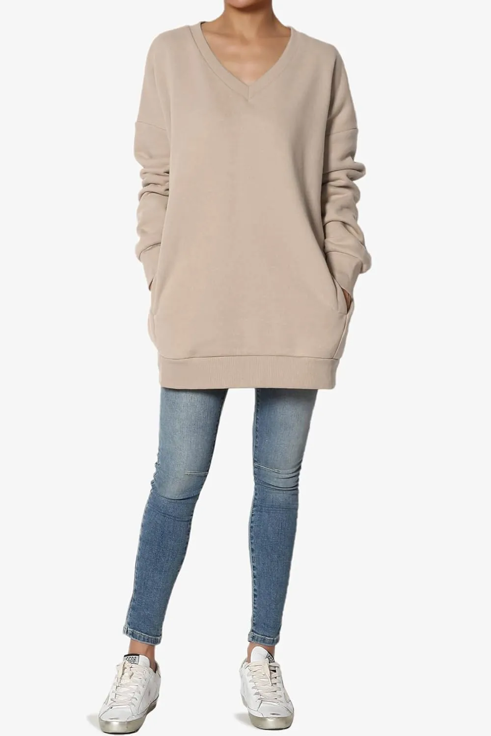 TheMogan Women's Casual Cozy Oversized V-Neck Pocket Fleece Pullover Sweatshirts