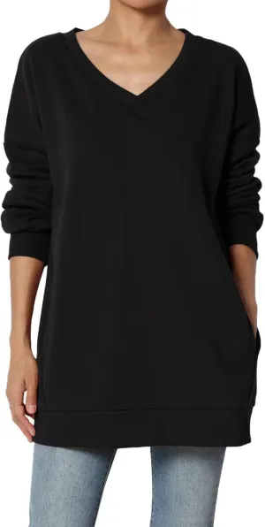 TheMogan Women's Casual Cozy Oversized V-Neck Pocket Fleece Pullover Sweatshirts