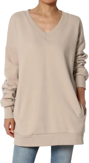 TheMogan Women's Casual Cozy Oversized V-Neck Pocket Fleece Pullover Sweatshirts